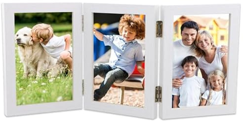 Ehuihuan Marco de Fotos Plegable, Marco Fotos Doble, 3 fotos, marco de Madera, marco de fotos Verticales Triple Madera para 10x15cm y 15x20cm Foto (Blanco 10X15CM)