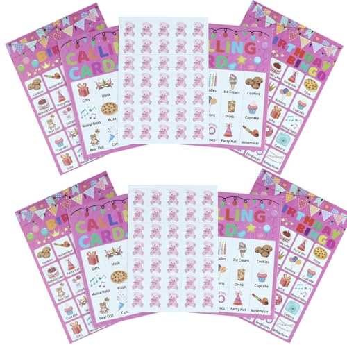 NHQZ 1 Set Geburtstagsfeiern Bingo Spiel, Bingo Karten für Geburtstagsfeiern, Spiele Geschenke Zubehör Dekorationen, Bingokarten, bingo spiel （Rosa）