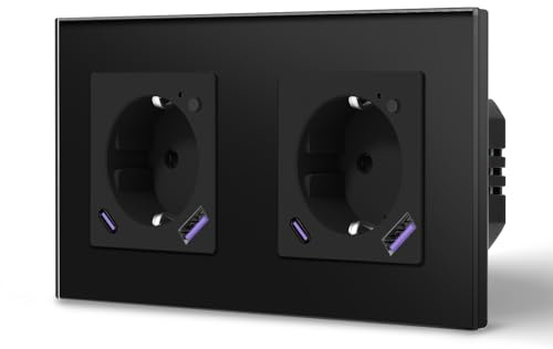 BSEED WLAN Steckdose 20W USB C Schnellladen, Smart Unterputz Steckdose aus Glas mit Strommessung, Arbeit mit Alexa/Google Home, Smart Life APP-Steuerung, 2 Fach, Schwarz