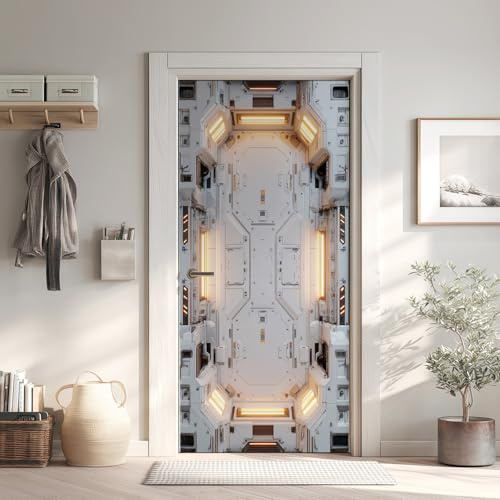 Futuristisch Türtapete Türposter Türfolie Selbstklebend PVC, Sci Fi Türaufkleber Abnehmbar Wasserdicht 90x200 cm, Raumschiff Fototapete für Tür Wohnzimmer Kinderzimmer