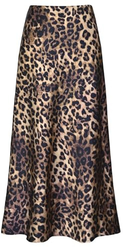 Women's Satin High Waisted Maxi Skirts Hidden Elasticized Waistband A Line Long Skirt(Animal Print,Large)