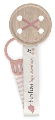 Suavinex, Portaciuccio in Tela per Neonati, Nastro con Decoro su due lati, Catena Ciuccio Neonato, Clip con Pinza. Per bambini +0 mesi, adatto per neonati, Birdies, rosa