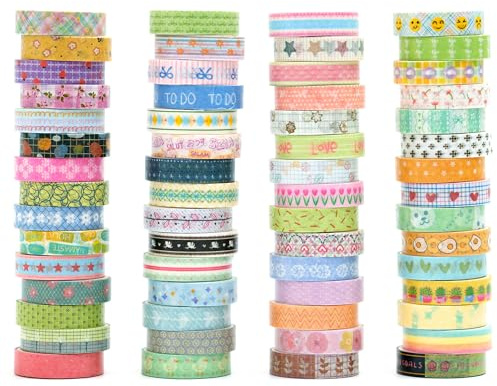 Songdao 60 rullar söt washitejp set dekorativa maskeringstejp grundläggande mönster tejp färgglada för konst, gör-det-själv-hantverk, dagbok, planerare, scrapbook, förpackning (kawaii)