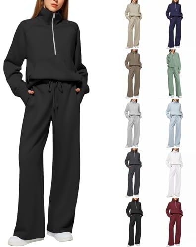 Generisch Survêtement 2 pièces pour femme - En velours chaud - Pour l'hiver - Col montant - Pour la maison - Pull - Tenue de loisirs, Noir , L