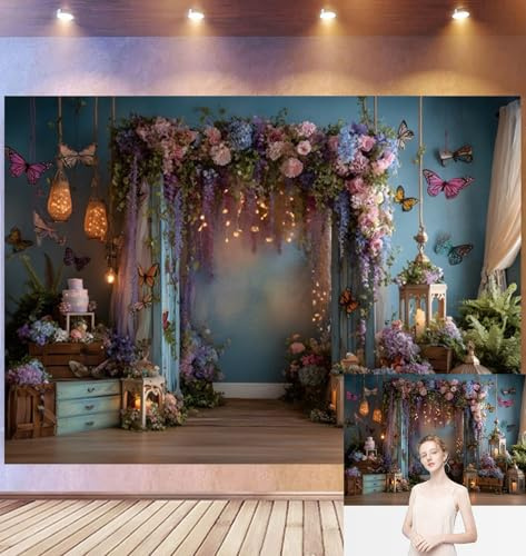 Bovlleetd 3 x 2,5 m födelsedag bakgrund förtrollad trädgård blågrön vägg blombåge, lyktor fjärilsdekoration trälådor mjukt ljus, magisk utomhustema för fotostudio
