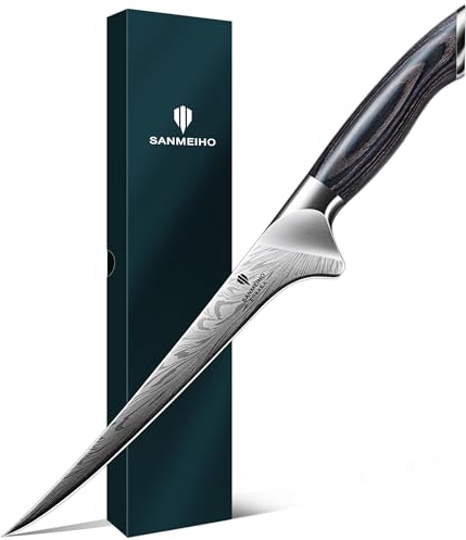 SANMEIHO Coltello per Sfilettare Pesce in Acciaio a Polvere, Professionale Coltello da Cucina Giapponese per Disossare 18 cm ad Alto Tenore di Carbonio Coltelli Pesce con Maniglia Full Tang Pakkawood