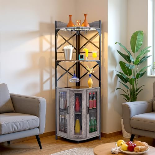 Warmiehomy 5-Tier Industrial Corner Wall Wine Rack, Triangular Corner Bar Unit with LED Lights & Power Outlet, Freestanding Corner Liquor Cabinet for Home Bar, Kitchen, Dining Room, Bar (Grey)