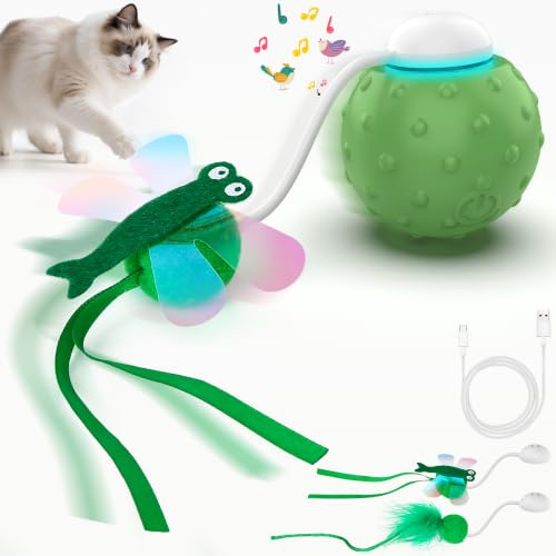 FUGODIWI Juguete Gato Interactivo Pelota, Juguetes para Gatos con Cola de Plumas y Sonido de Pájaro, Pelota Interactiva para Gatos, Pelota Inteligente Rodante Automático, Recargable por USB