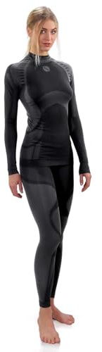 sesto senso Damen Funktionsunterwäsche Set Langarm Shirt Lange Unterhose Sportunterwäsche Thermoaktiv S Grau Schwarz Set