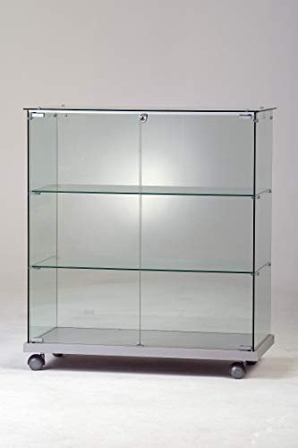 MHN Halbhohe Glasvitrine ohne Rahmen T 40 x B 80 x H 90 cm - breite Thekenvitrine Glas abschließbar - Flache Alu-Glas Verkaufsvitrine mit Rollen - ohne Beleuchtung