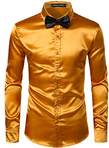 PARKLEES Camisa de manga larga de satén para hombre, brillante, ajustada, para negocios, fiestas, discotecas