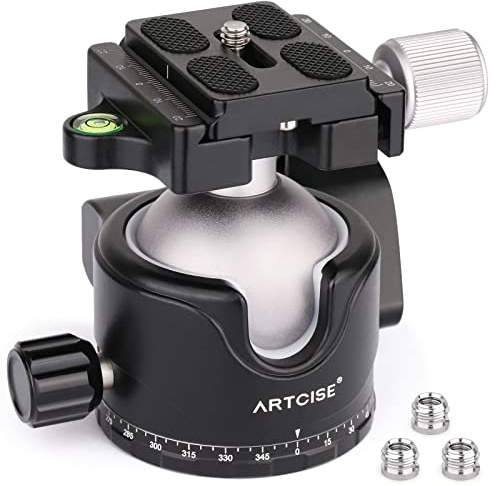 46mm Low Profile Tripod Head with 3 Screw Adapter 3/8 to 1/4 Professional Aluminium 360 Rotating Panoramic Ball Head Max Loading 20kg
