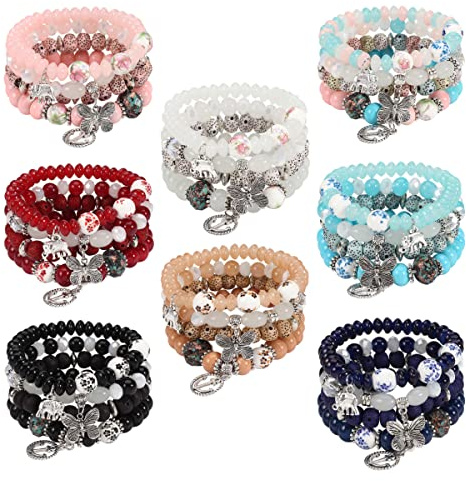 Twinfree Bohemian Bracelets Set for Women, Stackable Boho Stretch Multilayer Colorful Stack Beads Bracelet, Stretchy Beaded Charm Bracelet Ladies 8 Pack