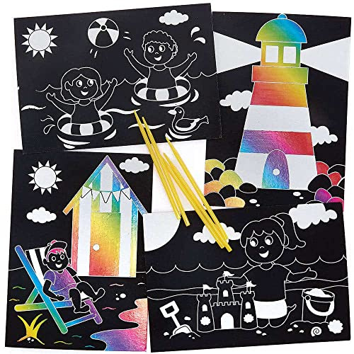 Baker Ross FC783 Beach Scratch Pictures for Children - Pack of 8, Engraving Art Craft Set for Children, Medium