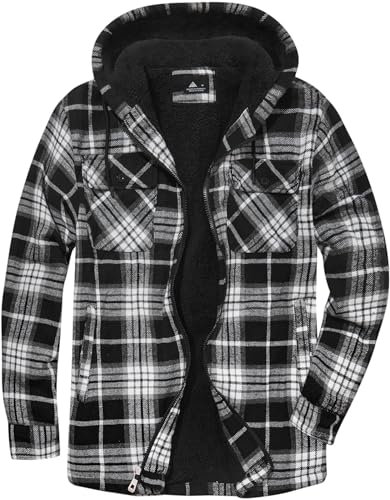 SwissWell Herren Hemdjacke Verdicken Karierts mit Reißverschluss Flanelljacke Plüschfutter Freizeit Gefüttert Kapuzenpullover Männer Winter Hemd Fleece Hoodie Winterjacke mit Taschen(Schwarz L)