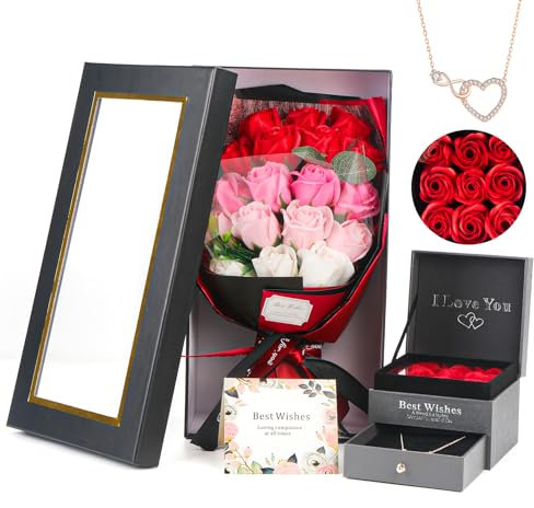 Konservierte Rosen,Geschenke für Mama Rosenbox mit 18 Konservierten Rosen Und Eleganter Halskette Geschenke für Frauen, Mama Handgemachte Rosen für Muttertagsgeschenke für Mama，Muttertag Geburtstag