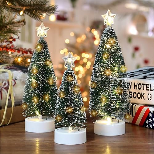 3 PCS Albero di Natale con Luci LED, Alberello Natale Mini con Luci Bianco Caldo e Neve Piccolo Albero di Natale Luminoso Artificiale per Casa Ufficio da Tavolo Decorazioni Natalizie