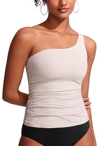 CRZ YOGA One Shoulder Tankini Tops for Women Ruched Bathing Suits Tummy Control Adjustable Swimsuit Only No Bottom Padded Milky White (Bone) Large