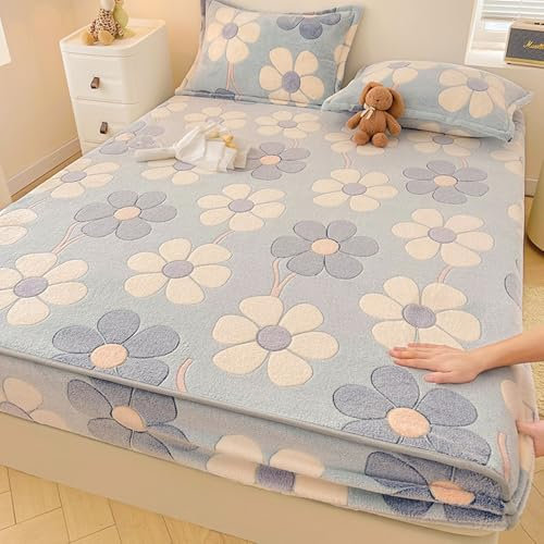 FANSU Spannbettlaken Verdickter Flanell Bettlaken, 3D-Druck Taschenlaken Kinder Weiche Bequem 90-200cm Spannbetttuch für Einzelbett, Doppelbett (Blaue Weiße Blume,180x200cm)