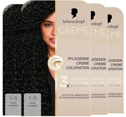 Schwarzkopf Creme Supreme Coloration 1-0 Tiefes Schwarz (4x 182 ml), dauerhafte Haarfarbe mit Serum und Haar-Maske schützt vor sichtbaren Haarschäden, für 100% Grauabdeckung