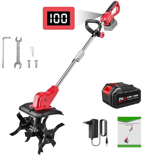 Motoazada eléctrica, 30 cm de Ancho de Trabajo de 22 cm de Profundidad de Trabajo, Motocultor de Batería Inalámbrico con batería de 4,0 Ah, Mango Plegable et Tres Tipos de Cuchillas, para Jardinería