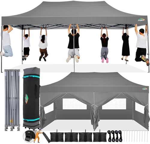 COBIZI Faltpavillon 3x6 Wasserdicht Stabil Winterfest mit Seitenwand,Pop Up Pavillon Partyzelt,Sonnenschutz Gartenpavillon,Pavillon Faltbar mit Tasche mit Rollen(3 mal 6m Grau)
