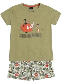 Disney Pijama niño Verano 100% algodón - Pijama Manga Corta Timon & Pumbaa para niño – pantalón Corto con Cinturilla elástica Estampado – Tejido Suave al Tacto, Caqui - Talla 8 años