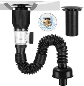 LEAZZLE Kit de Bonde de Lavabo, Siphon Lavabo Avec Pop-Up Bouchon de Vidange de Filtre et Tuyau de Vidange Flexible, Rétractable 300-1000mm, Pour Bain et Cuisine, Résistant Aux Odeurs Et Aux Insectes