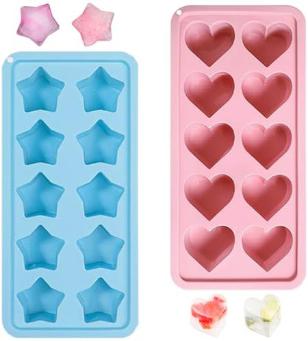 Guyode 2 Pezzi 10 Griglia Cubetti Ghiaccio Silicone Stampo Ghiaccio Stampo Design a Forma di Cuore e Stella Stampi Silicone Senza BPA per Prepara Cubetti di Ghiaccio per Cocktail Whisky Tè Freddo Caff