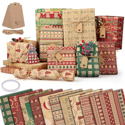 woric 10 Sheets Christmas Wrapping Paper, 10 Designs Kraft Wrapping Paper plus 10 Tags 10m Jute String 1 Double Sided Tape for Gift Wrap Christmas Birthday Party Decoration (70x50cm)