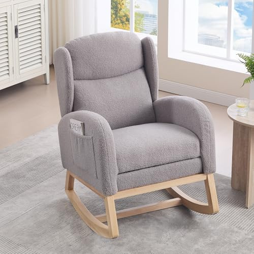 Arhatreya Gungstol, amningsstol, loungefåtölj med träram, justerbart fotstöd, högt ryggstöd, bekväm accentstol med ficka för lägenhet, vardagsrum, teddy-tyg, grå