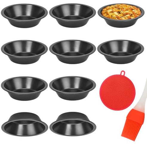ELLECILA 10 Pack Individual Pie Dishs, Pie Tins for Baking, 5 Round Non-Stick Mini Quiche Tin, Carbon Steel Oven-Safe Pie Tins with Oil Brush & Dish Cloths（13x8x3cm