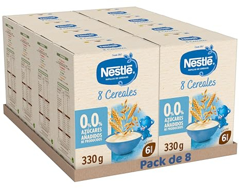 NESTLÉ 0%0% Papilla 8 Cereales 330g, sin azúcares añadidos ni producidos, a partir de 6 meses, pack de 8