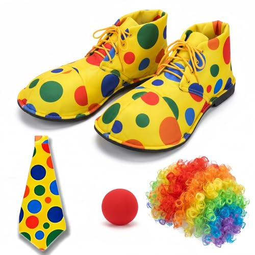 LIUQOBN 4PCS Clown Costume Set Clown Shoes Wig Red Nose Bow Tie Adjustable Fancy Dress Outfit For Halloween Carnival Circus Themed Parties