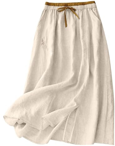 Générique Jupe en Coton Et Lin Femme Mi-Longue ÉTé Taille Haute Casual Légère et Respirante Rétro A-Line DéContractéE Ceinture Taille éLastique Bohême Jupes avec Poches Ample D'été Jupe Plage 2026