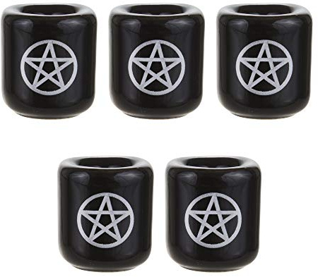 Mega Candles 5 pcs Ceramic Silver Pentacle Chime Ritual Spell Candle Holder - Black