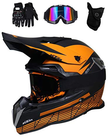 MRDEAR Motorradhelm, Fullface MTB Helm Orange Schwarz, Motocross Helm Set mit Brille Handschuhe Maske, Adult Motorrad Cross Helm Schutzhelm Sicherheit Schutz, Herausnehmbares Futter (L)