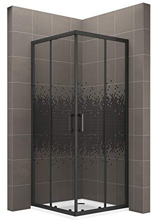MOG Duschkabine 90x90 cm Höhe: 180 cm mit Schiebetüren Eckdusche mit Rollensystem aus 6 mm schwarz kariertem ESG Glas DK68