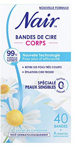 NAIR - Kaltes Wachsstreifen für den Körper, speziell für empfindliche Haut, mit Kamillenextrakt, 99% natürlichen Ursprungs, 40 Streifen + 4 Reinigungstücher Sanftes Finish