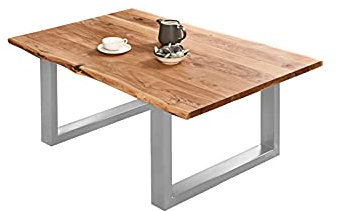 SAM Couchtisch 100 x 70 cm Billy, echte Baumkante, Akazienholz naturfarben, massiver Sofatisch, U-Metallgestell Silber