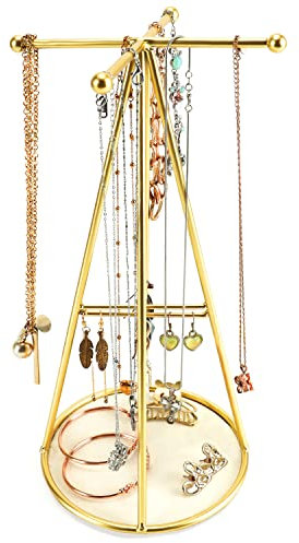 BELLE VOUS Espositore Porta Gioielli Piramide Oro con Base Rotonda - H29 cm - Jewelry Organizer da Appendere ad Albero - Porta Collane in Metallo anche per Bracciali, Anelli e Orecchini