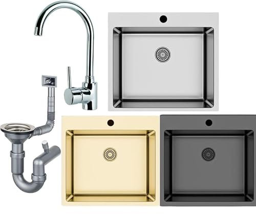 Edelstahlspüle 50,5x55 Hochwertig Küchenspüle eckig inkl. Siphon-Set (Mit Armatur, Silber)