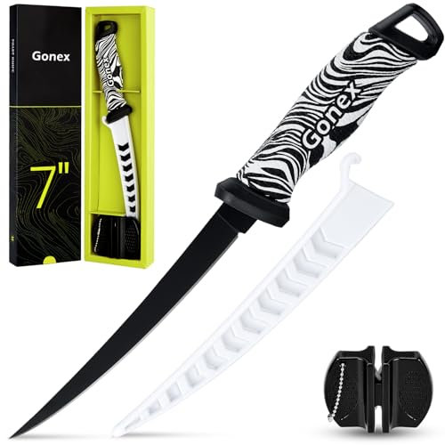 Gonex Coltello per Sfilettare Coltelli da Disosso Coltello da Pesce Professionale, Lama in Acciaio Inox Affilata e Impugnature Antiscivolo, con Fodero Ventilato e Affilatore, 17 cm