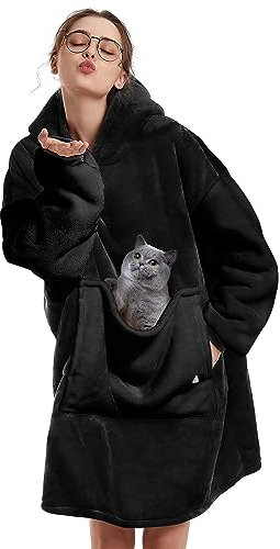 Decke Hoodie Sweatshirt Oversized,Plüsch Flauschig Kuscheldecke mit Tasche,Einheitsgröße Sherpa Kapuzenpullover für Damen Herren,Flanell Fleece TV-Decke mit Ärmel,Tragbar Ganzkörperdecke,Schwarz