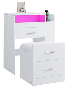 Weißer Schminktisch mit LED Beleuchtung & Aufklappbarer Spiegel Kosmetikkommode 3 Schubladen und Fächern & Hocker für Schlafzimmer Wohnzimmer