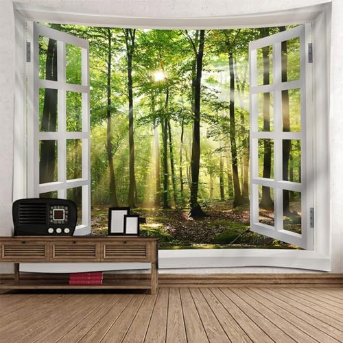 Mesnt Wandbehang Natur Bild Fensterblick, Weißes Fenster mit natürlicher Waldlandschaft draußen Wandteppich Wandkunst für Schlafzimmer Wohnzimmer Dorm Decor Wandteppich, 150x150cm