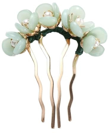 1PC Green Hair Fork Clip,Chinese Style Vintage Stick Hairpin U Shaped Pin Fork Side Comb 4 Prong Bun Hairpin Sticks Pins Hair Accessories