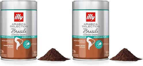 Café molido illy Arabica Selection Brasil Cerrado Mineiro: 100% de agricultura regenerativa - Una lata de 250 g (Paquete de 2)
