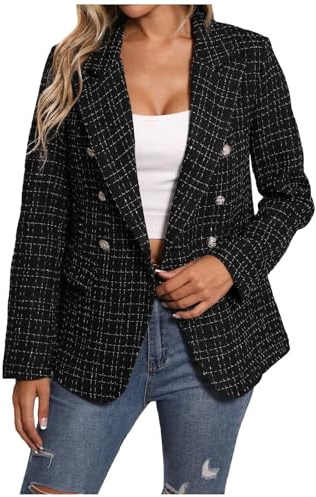 Boucle Blazer Chaqueta de tweed para mujer, manga larga, cuello redondo, abrigo informal de negocios, elegante y cómodo para cualquier ocasión, traje de chaqueta de mujer, Negro , L