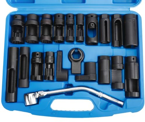 FreeTec 21pzas Llave Sonda Lambda, 22mm Vaso Sonda Lambda, Juego Llaves Sondas Lambdas Llave Sensor Oxigeno, Vasos Extractor Herramientas para Desmontar Sondas Nox Auto